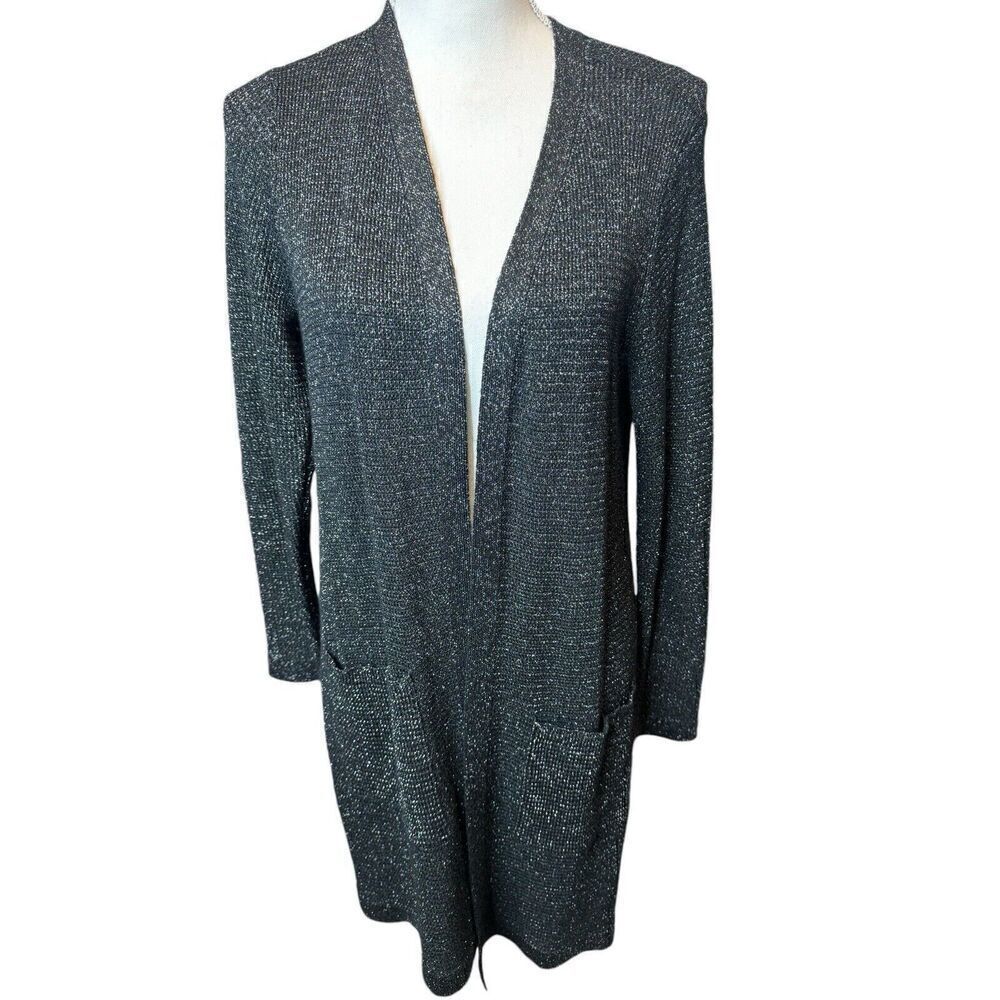 Eileen Fisher Black Merino Wool Open Front Metallic Sparkle Cardigan Sz Medium